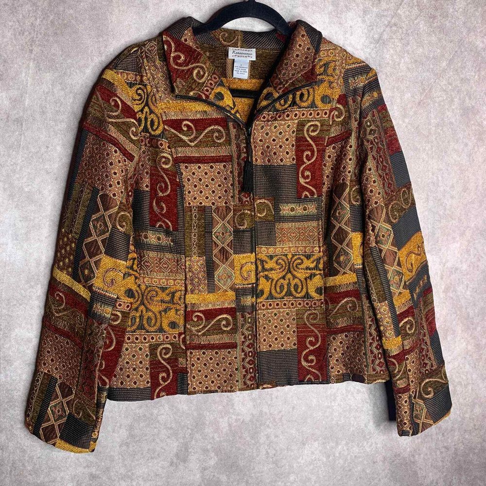 Renaissance Womens‎ Jacket Size Large Gol Tapestry Full Zip Long Sleeves Pockets